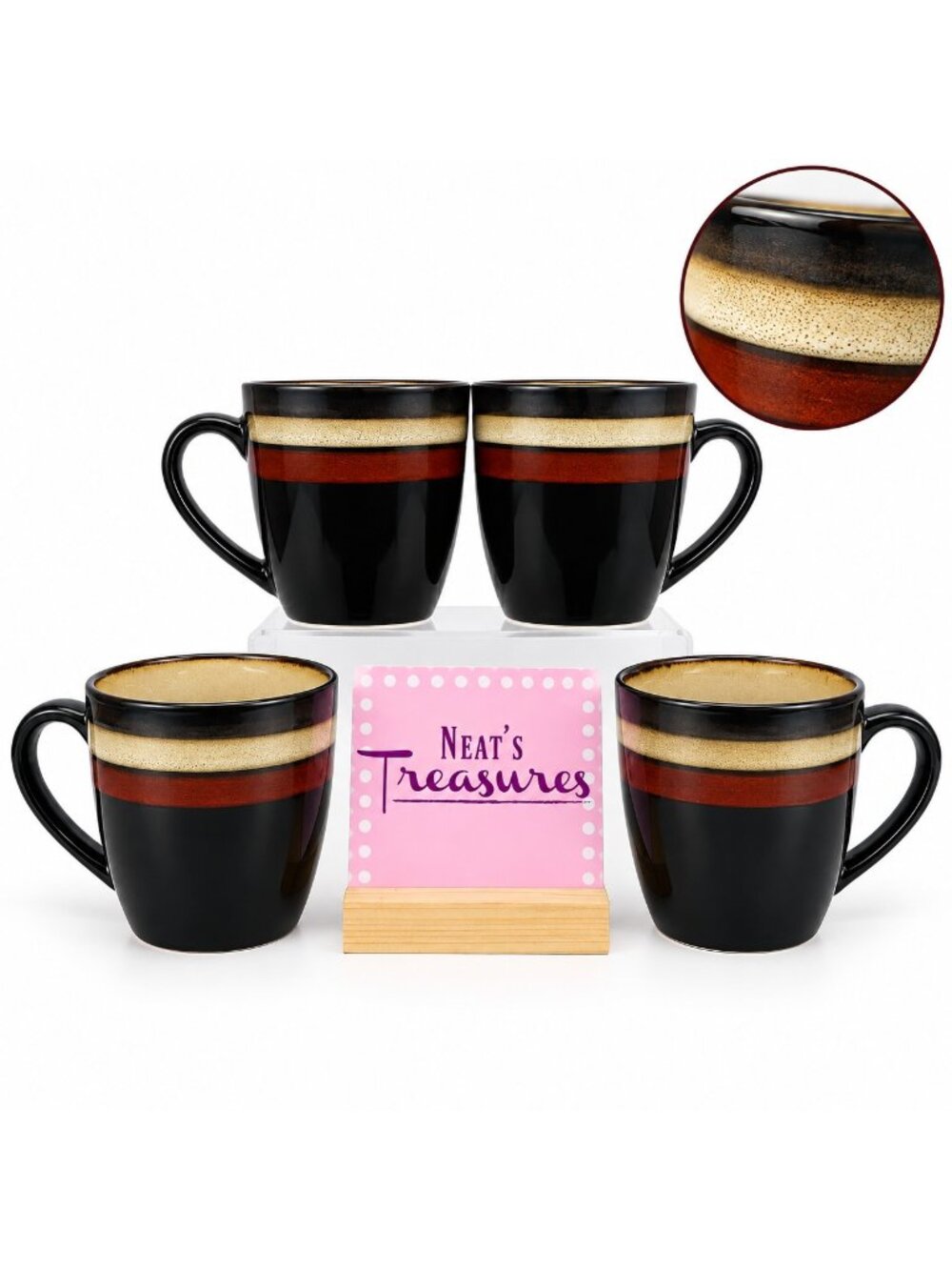 Gibson Home Brown Stripe Stoneware Handle 16oz Handle Coffee Cups Mugs Set of 4